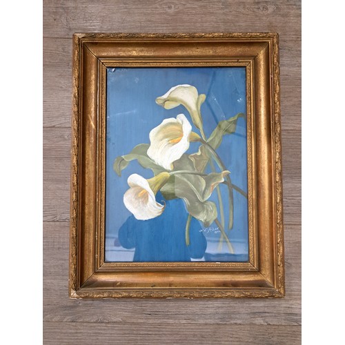 7513 - N.V. ALLEN (XIX-XX): An oil on board lilies, blue background, dated 1904, 39cm x 28cm, gilt framed  ... 