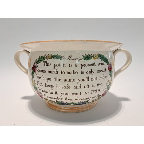 7515 - A circa 1830 Sunderland character chamber pot with mottos around the side and inside with a watchful... 