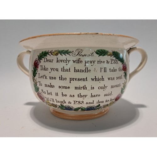 7515 - A circa 1830 Sunderland character chamber pot with mottos around the side and inside with a watchful... 