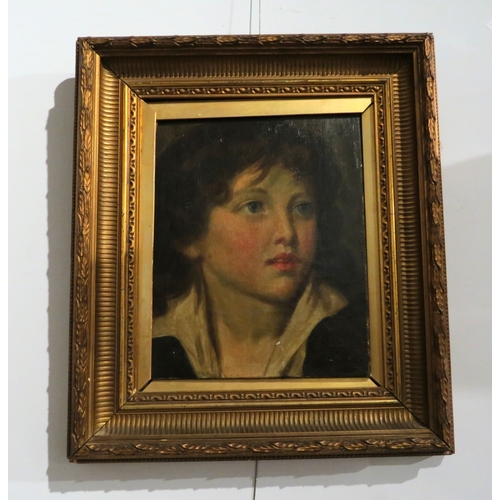 7471 - FOLLOWER OF WILLIAM OWEN (1769-1825): An oil on canvas portrait of boy, white collar, 25cm x 20cm, g... 