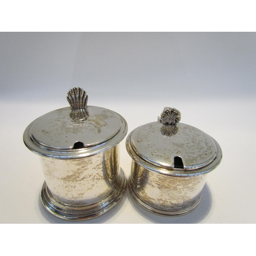 7437 - Two Georgian silver mustard pots, both with shell-form thumb openers, Bristol blue glass liners inta... 