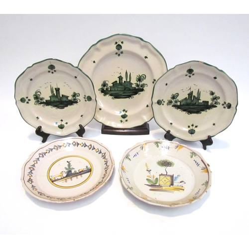 7122 - Three Cantigalli Italian plates and two early 1800 French Faience plates with dog detail.  Chips and... 