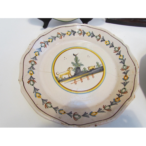 7122 - Three Cantigalli Italian plates and two early 1800 French Faience plates with dog detail.  Chips and... 