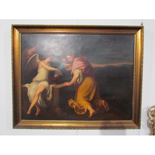 7596 - A 19th Century Continental oil on canvas of Biblical scene with celestial figures, 70.5cm x 91.5cm, ... 