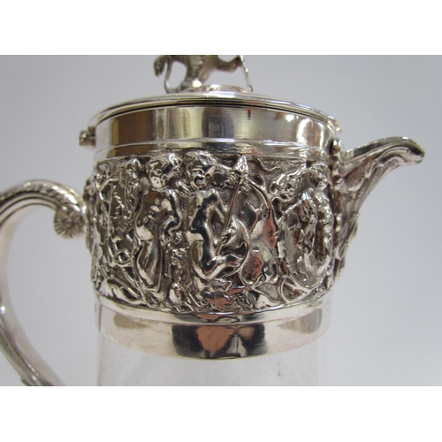 7609A - A Hukin & Heath silver plated glass carafe with border of cherubs and putti playing, lion and shield... 