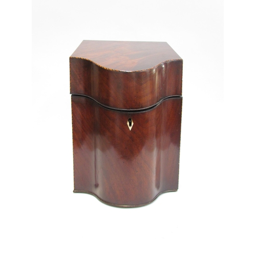 7612 - A 19th Century flame mahogany cutlery box with stringing, serpentine front, 37cm high