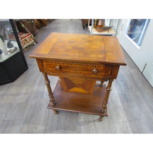 7613 - A rectangular veneered sewing table with chess board top on turned legs, a/f, 64.5cm x 51cm x 36cm