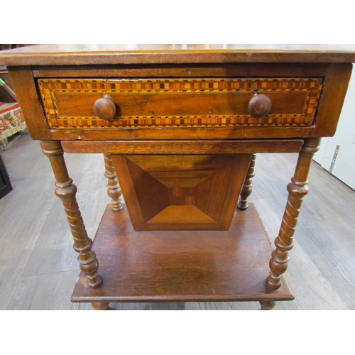 7613 - A rectangular veneered sewing table with chess board top on turned legs, a/f, 64.5cm x 51cm x 36cm