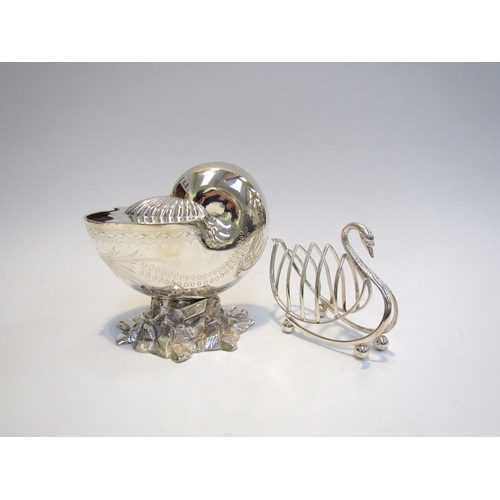 7636A - A Walker & Hall silver plated spoon warmer as a shell upon a rocky naturalistic base, together with ... 