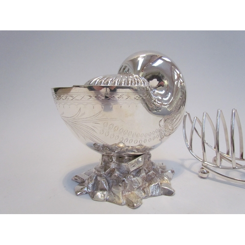 7636A - A Walker & Hall silver plated spoon warmer as a shell upon a rocky naturalistic base, together with ... 