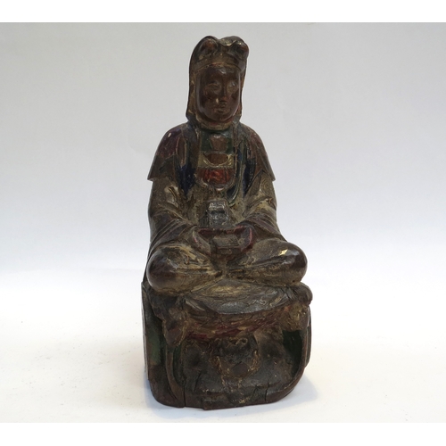 7242 - A late 18th Century Chinese polychrome wood figure of Guanyin, 19cm tall x 8.5cm x 8cm