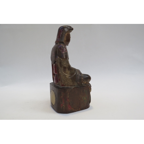 7242 - A late 18th Century Chinese polychrome wood figure of Guanyin, 19cm tall x 8.5cm x 8cm