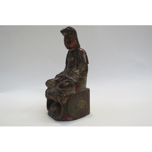 7242 - A late 18th Century Chinese polychrome wood figure of Guanyin, 19cm tall x 8.5cm x 8cm