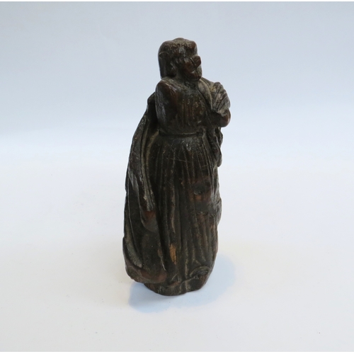 7243 - A 16th Century Elizabethan period oak secular figure, probably female wearing a cloak, 18.5cm tall, ... 