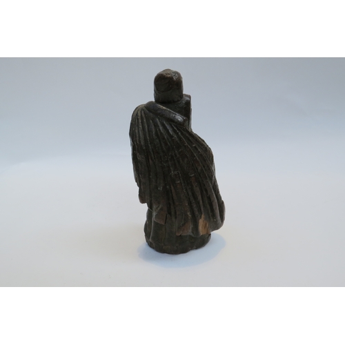 7243 - A 16th Century Elizabethan period oak secular figure, probably female wearing a cloak, 18.5cm tall, ... 