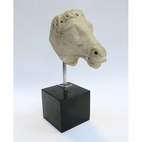 7245 - Possibly 18th Century marble carved head of a horse, 12cm tall x 16.5cm long, mounted on modern stan... 