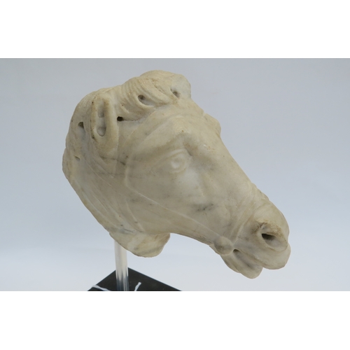 7245 - Possibly 18th Century marble carved head of a horse, 12cm tall x 16.5cm long, mounted on modern stan... 