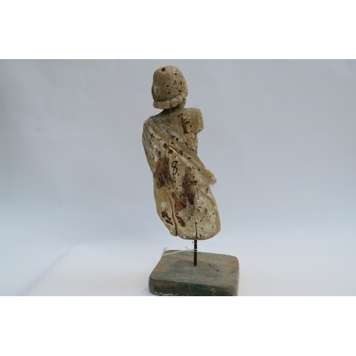 7246 - Possibly 16th Century or earlier carved soft wood Romanesque figure mounted on later stand, old worm... 