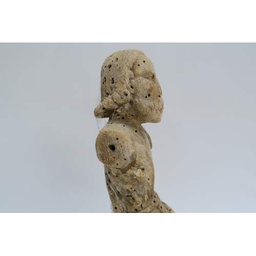 7246 - Possibly 16th Century or earlier carved soft wood Romanesque figure mounted on later stand, old worm... 