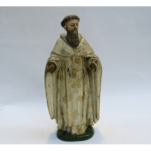 7249 - An 18th Century Spanish polychrome Saint carved wood figure in white cuculla robe, 37cm tall, 16.5cm... 