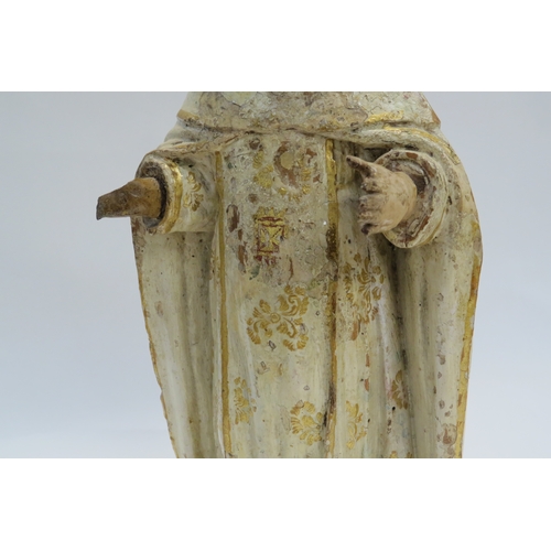 7249 - An 18th Century Spanish polychrome Saint carved wood figure in white cuculla robe, 37cm tall, 16.5cm... 