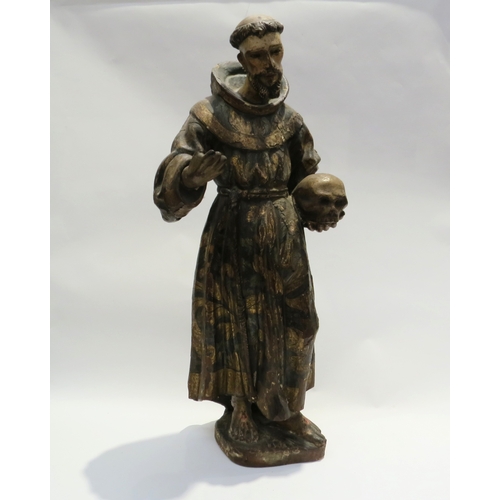 7250 - A 17th Century Spanish polychrome sculpture of Francis of Assisi in a time worn state with estofado ... 