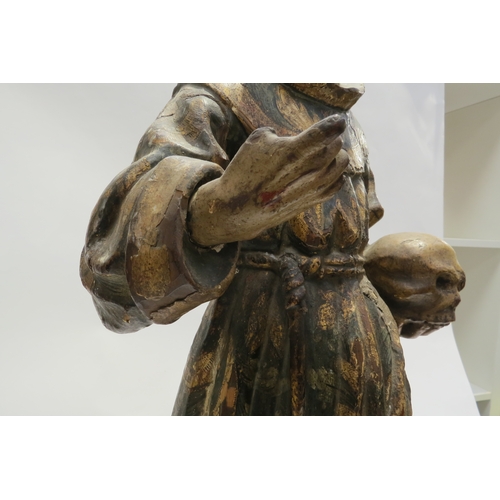 7250 - A 17th Century Spanish polychrome sculpture of Francis of Assisi in a time worn state with estofado ... 