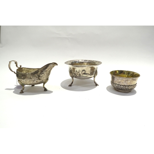 7728A - Three white metal items including sauceboat, footed bowl and sugar bowl, 448g