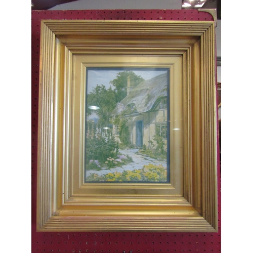 1074 - Three gilt framed pictures including cottage, boats and still life of flowers        (E) £15-25