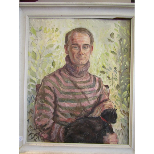 1076 - An oil on board of gentleman in hooped rollneck sweater holding a black cat, signed and dated lower ... 