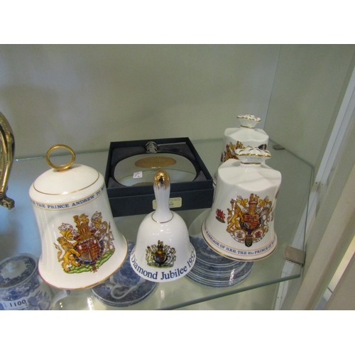 1097 - Four Royal memorabilia bells and a Dalvey hip flask, boxed