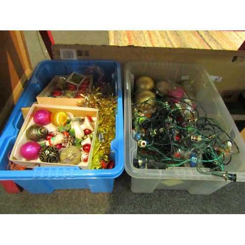 1143 - Two boxes of Christmas decorations and lights including Mazda Disney lights