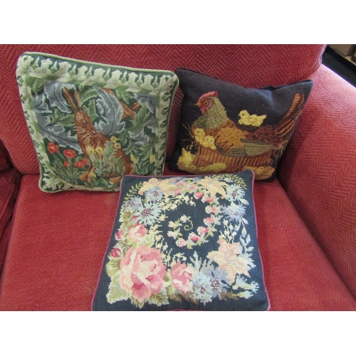 1179A - Six various needlepoint cushions to include chickens, rabbit, parrot, etc