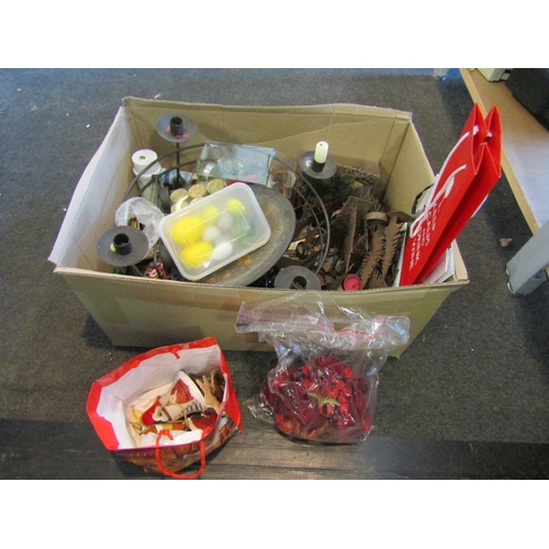 1196 - A plastic container and box of Christmas decorations including red baubles, nightlight holders, etc