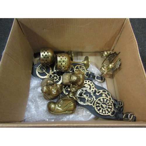 1207 - A box of miscellaneous brassware including horse brasses, dog heads, goblets, etc