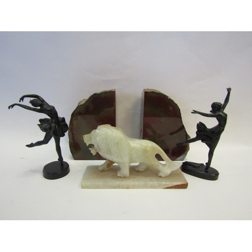 1216 - A pair of agate book-ends, an onyx lion and a pair of Russian cast iron ballerinas (5)   (E) £15-25