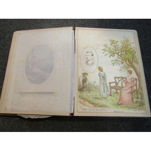 1260 - An embossed leather photo album with hand coloured printed pictorial mounts