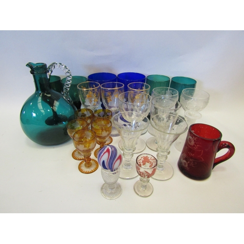 1304 - A good quantity of Victorian drinking glasses to include green and blue wine glasses, cordial glasse... 