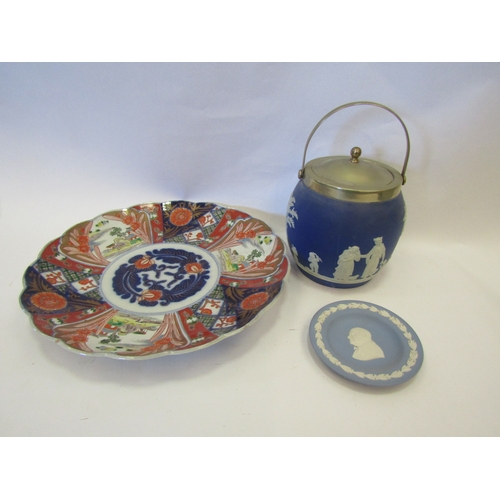 1306 - A Japanese Imari charger and Wedgwood blue jasperware biscuit barrel and pin dish