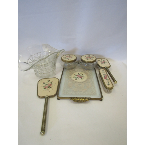 1331 - A vintage dressing table set and a pressed glass flower vase of floral form