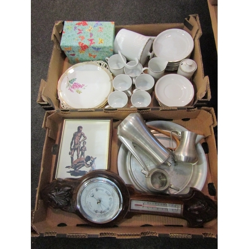 1186 - Two boxes of ceramics and metal wares to include Selengor pewter coffee wares etc