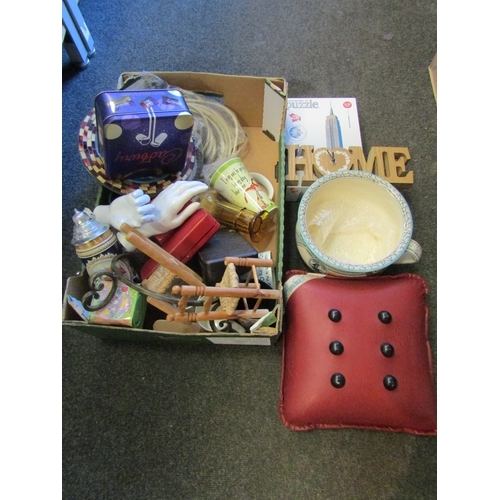 1269 - A box of miscellaneous including mugs, massage cushion, mannequin hands, tins, etc  (R)  £8