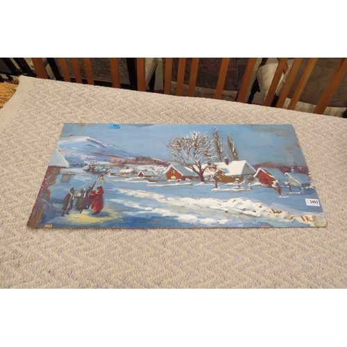 2403 - An oil on board depicting a winter scene with carol singers a/f      (R) £15