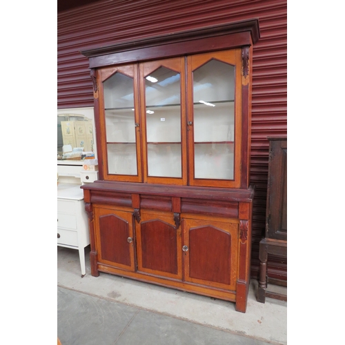 2365 - A Victorian oak and mahogany glazed top kitchen dresser with three drawer, three door base    (R) £1... 