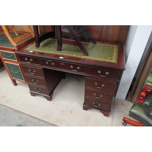 2389 - A reproduction twin pedestal desk with buttoned leather desk chair, worn arm rests (2)