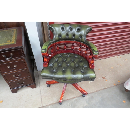 2389 - A reproduction twin pedestal desk with buttoned leather desk chair, worn arm rests (2)