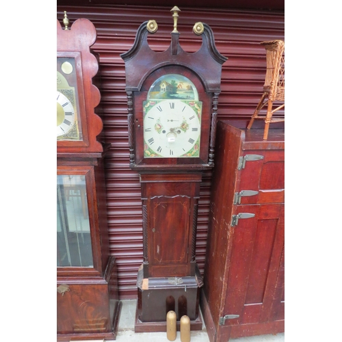 2092 - A Georgian mahogany grandfather clock with weights and pendulum