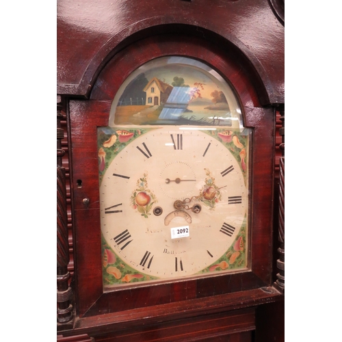 2092 - A Georgian mahogany grandfather clock with weights and pendulum