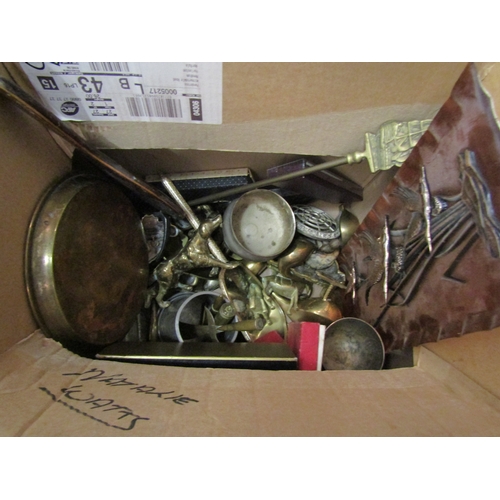 1504 - A box of metal wares including cased part cutlery sets, brass dog figures, plated dishes etc.