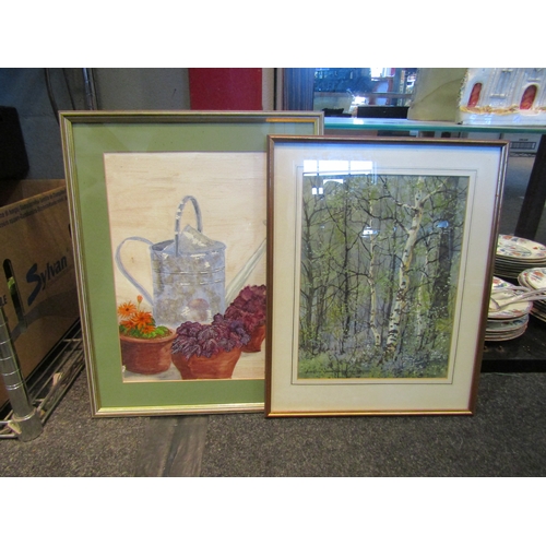 1506 - A still life watercolour of watering can by potted plants, watercolour of forest landscape and still... 